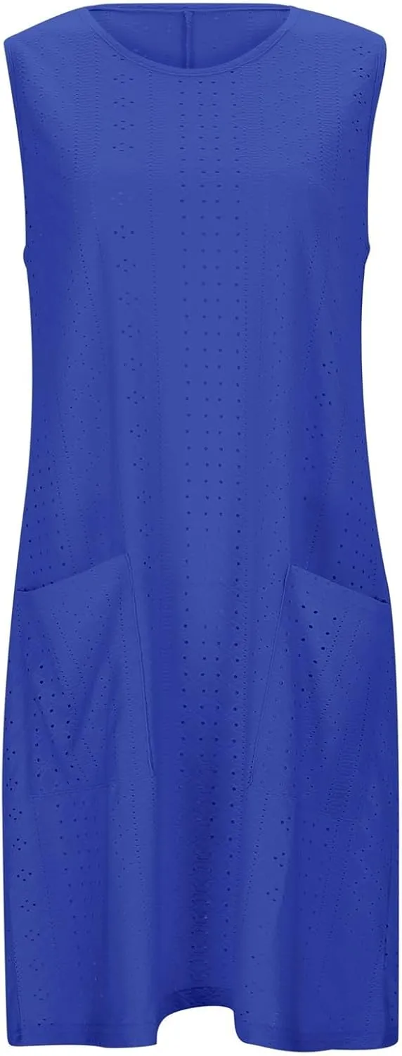 Womens Summer Beach Dresses 2025 Casual Sleeveless Vacation Sundresses Crew Neck Loose Mini Dress with Pockets