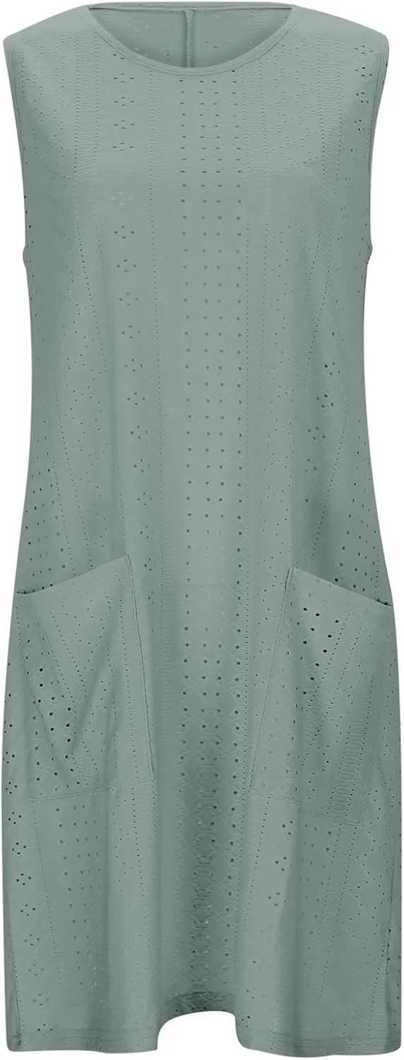 Womens Summer Beach Dresses 2025 Casual Sleeveless Vacation Sundresses Crew Neck Loose Mini Dress with Pockets