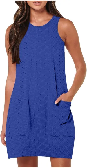 Womens Summer Beach Dresses 2025 Casual Sleeveless Vacation Sundresses Crew Neck Loose Mini Dress with Pockets