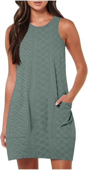 Womens Summer Beach Dresses 2025 Casual Sleeveless Vacation Sundresses Crew Neck Loose Mini Dress with Pockets