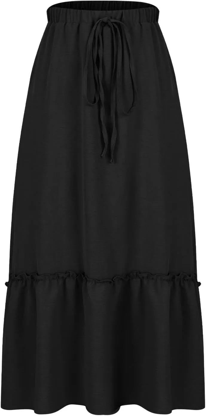 Womens Summer Beach Skirts Lace-Up Elastic Waist Fashion Solid Color A-Line Flowy Skirt Wrinkle Midi Skirts