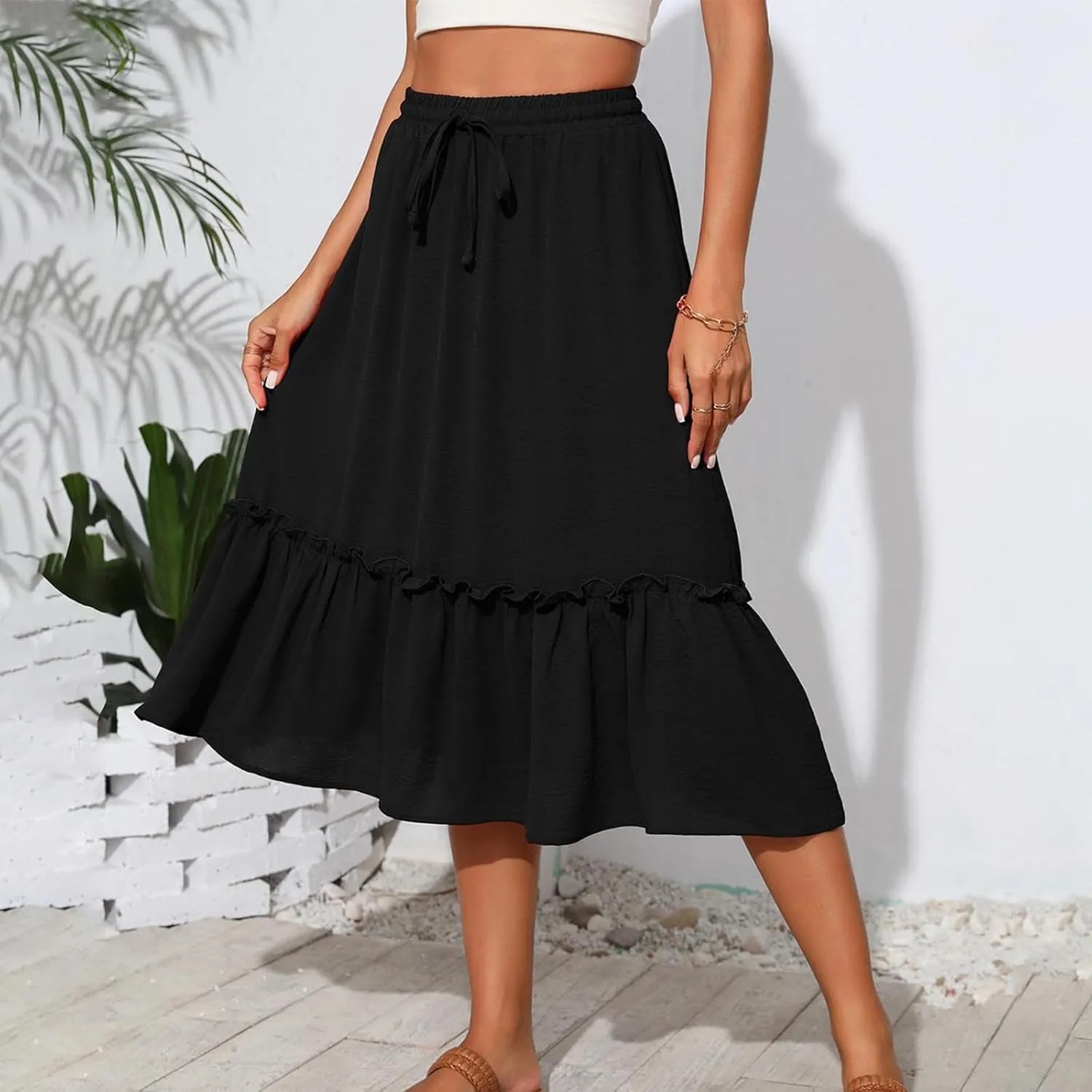 Womens Summer Beach Skirts Lace-Up Elastic Waist Fashion Solid Color A-Line Flowy Skirt Wrinkle Midi Skirts