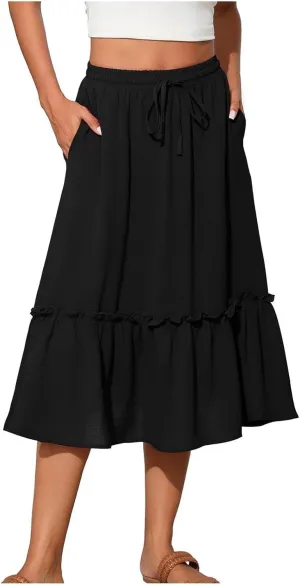 Womens Summer Beach Skirts Lace-Up Elastic Waist Fashion Solid Color A-Line Flowy Skirt Wrinkle Midi Skirts
