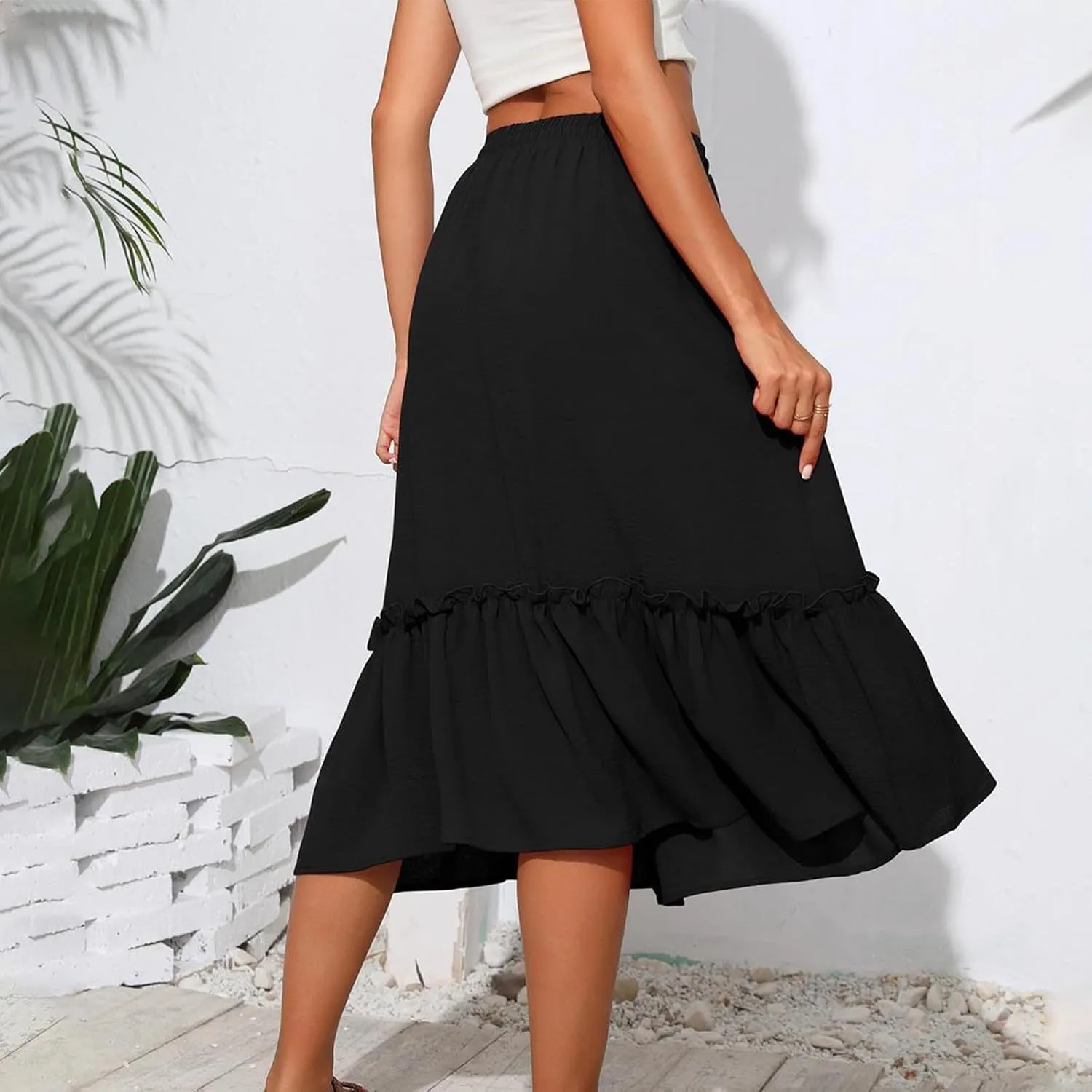 Womens Summer Beach Skirts Lace-Up Elastic Waist Fashion Solid Color A-Line Flowy Skirt Wrinkle Midi Skirts