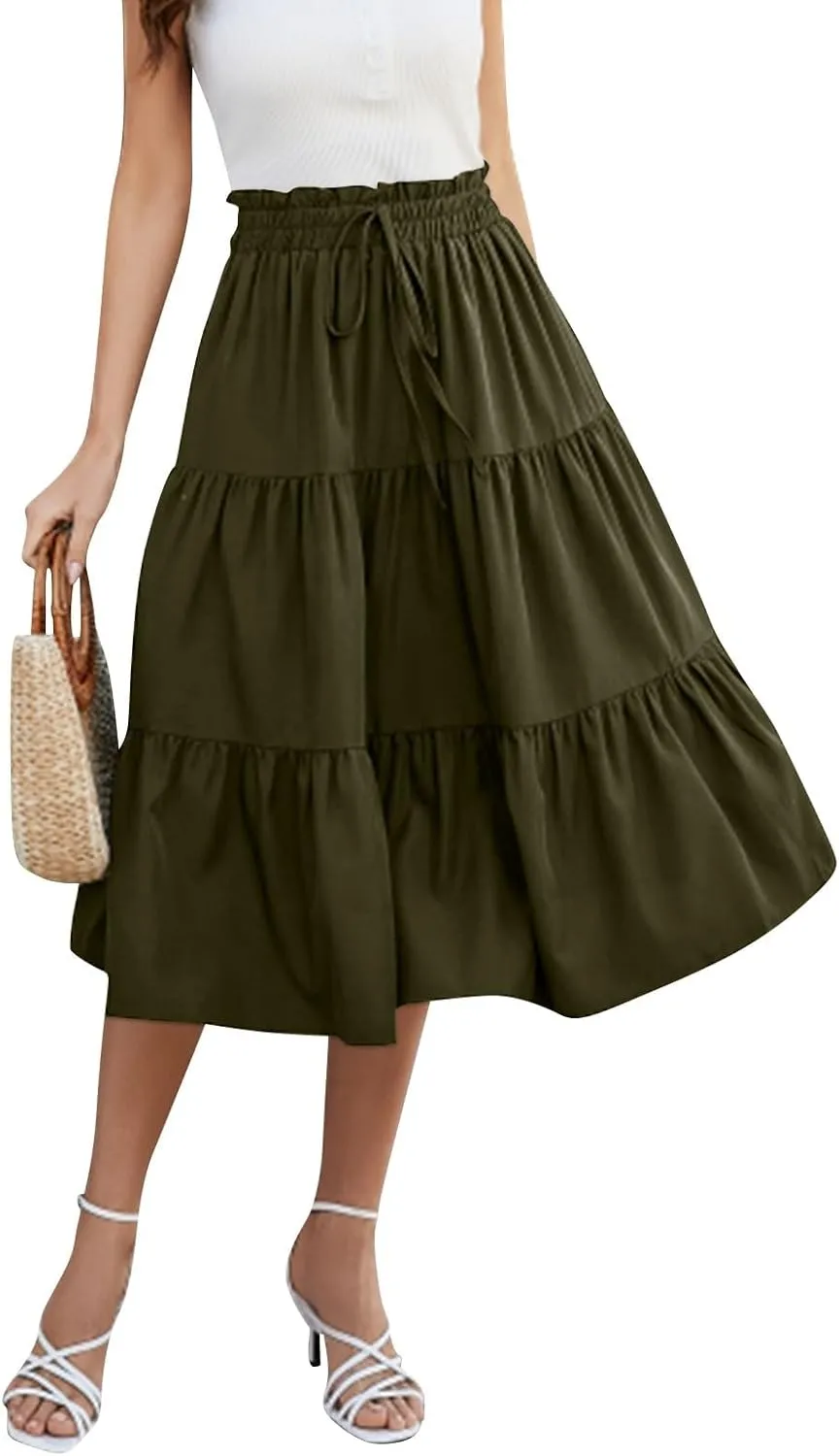 Women's Summer Boho Floral Print Long Skirt A-Line Flowy Ruffle Tiered Elastic High Waisted Beach Vacation Maxi Skirt