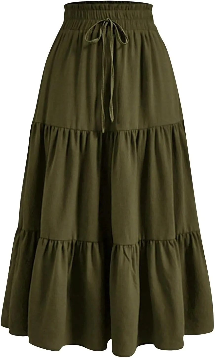 Women's Summer Boho Floral Print Long Skirt A-Line Flowy Ruffle Tiered Elastic High Waisted Beach Vacation Maxi Skirt