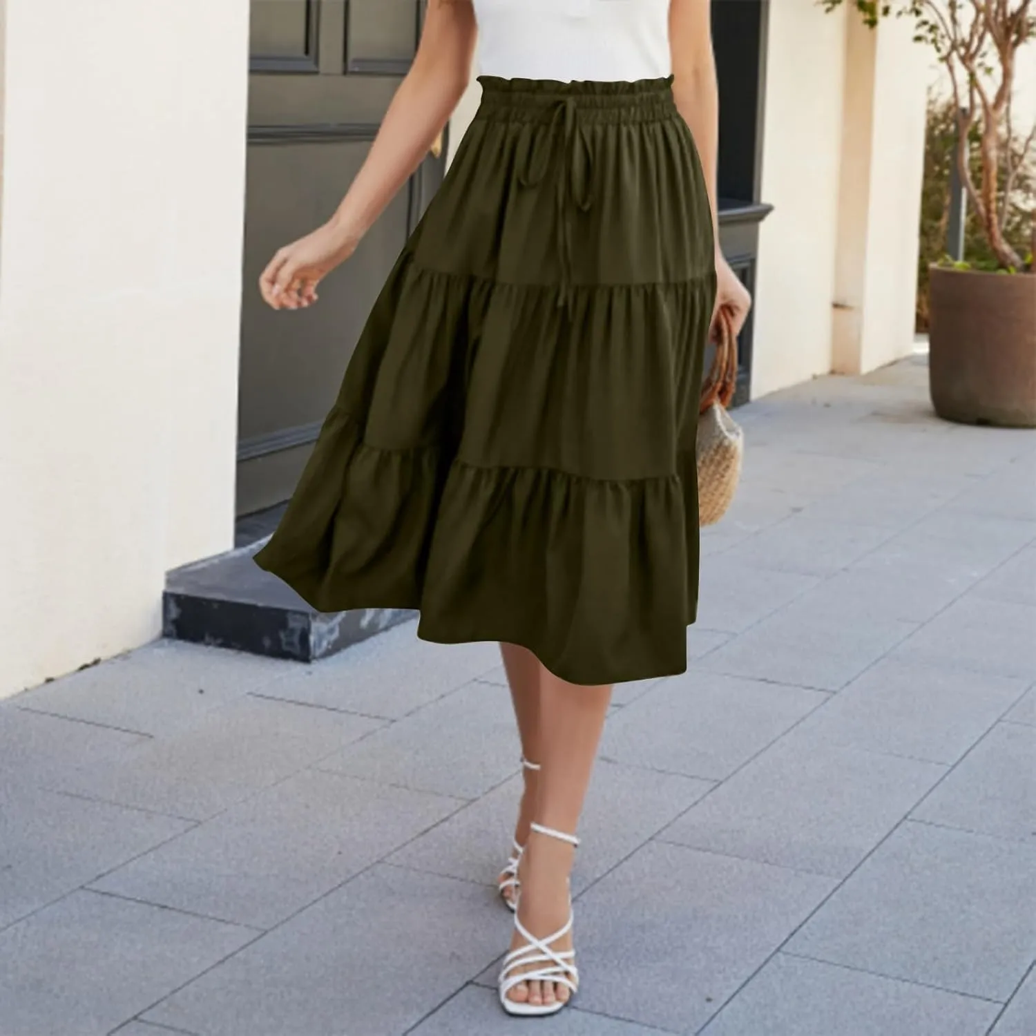 Women's Summer Boho Floral Print Long Skirt A-Line Flowy Ruffle Tiered Elastic High Waisted Beach Vacation Maxi Skirt
