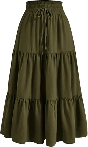 Women's Summer Boho Floral Print Long Skirt A-Line Flowy Ruffle Tiered Elastic High Waisted Beach Vacation Maxi Skirt