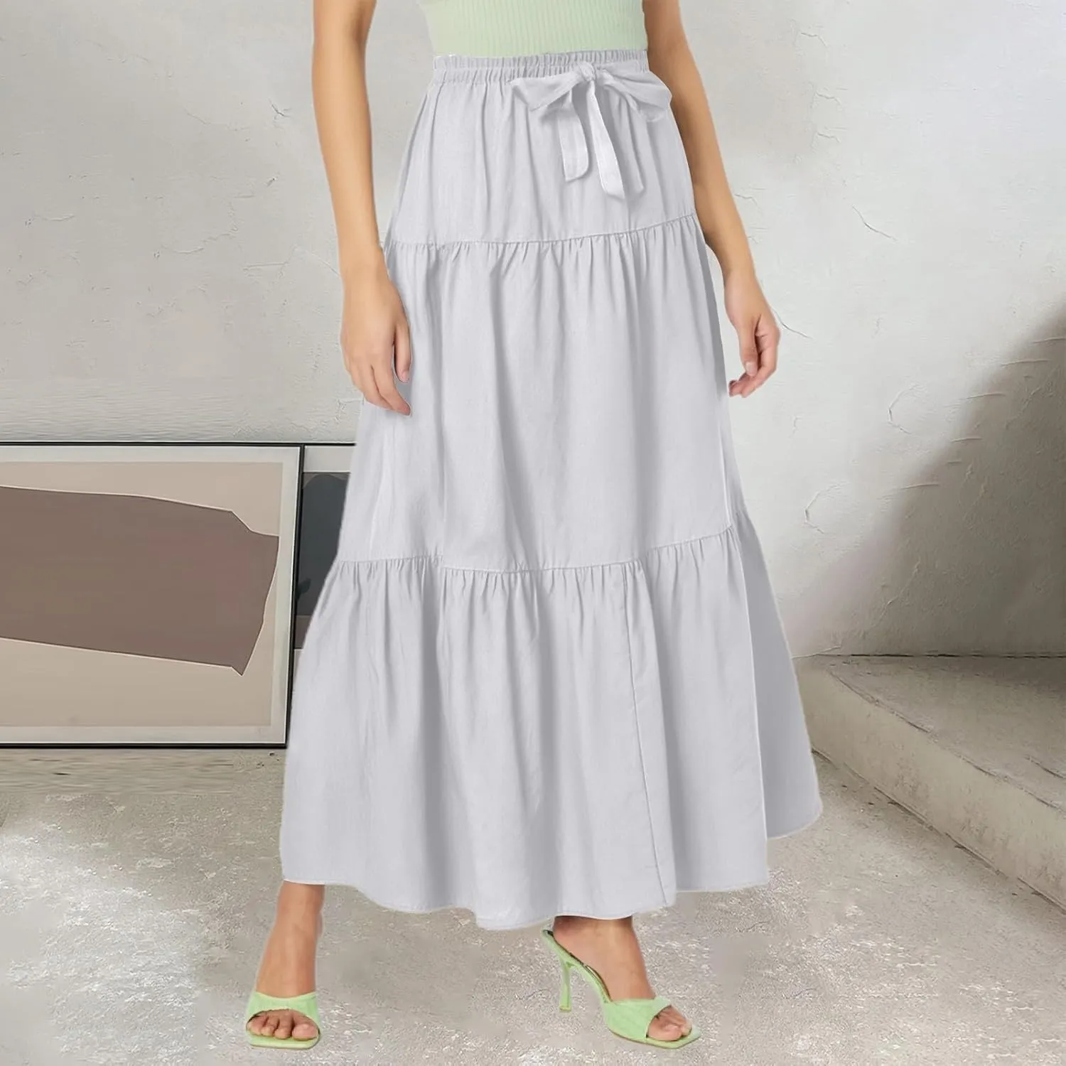Womens Summer Boho Skirt Flowy Swing Tiered A-Line Maxi Skirt 2025 Trendy Elastic Waist Pleated Long Beach Dress