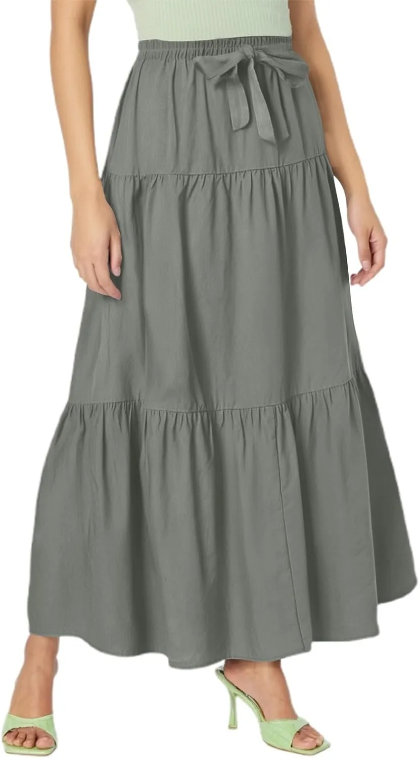 Womens Summer Boho Skirt Flowy Swing Tiered A-Line Maxi Skirt 2025 Trendy Elastic Waist Pleated Long Beach Dress