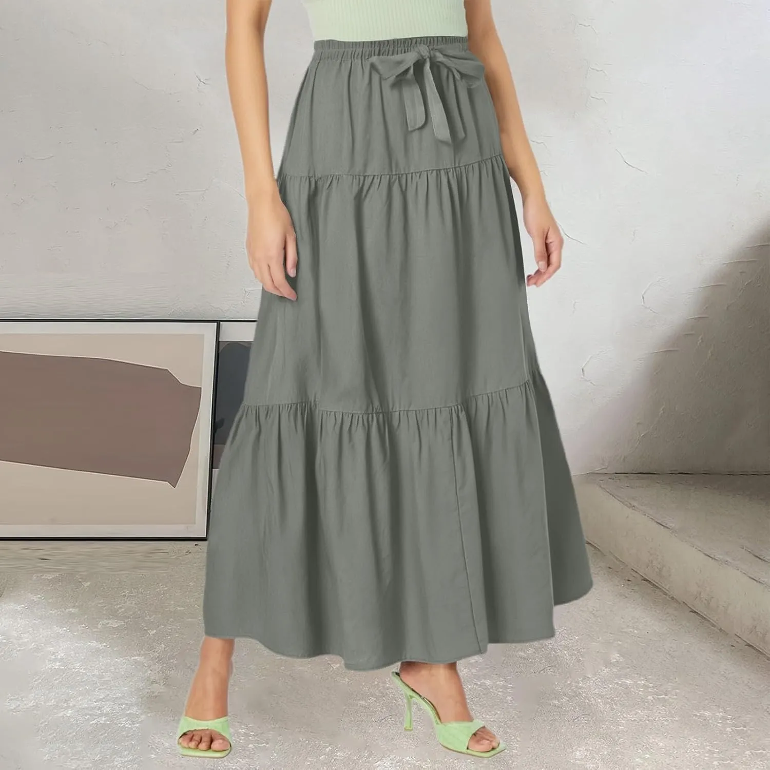 Womens Summer Boho Skirt Flowy Swing Tiered A-Line Maxi Skirt 2025 Trendy Elastic Waist Pleated Long Beach Dress