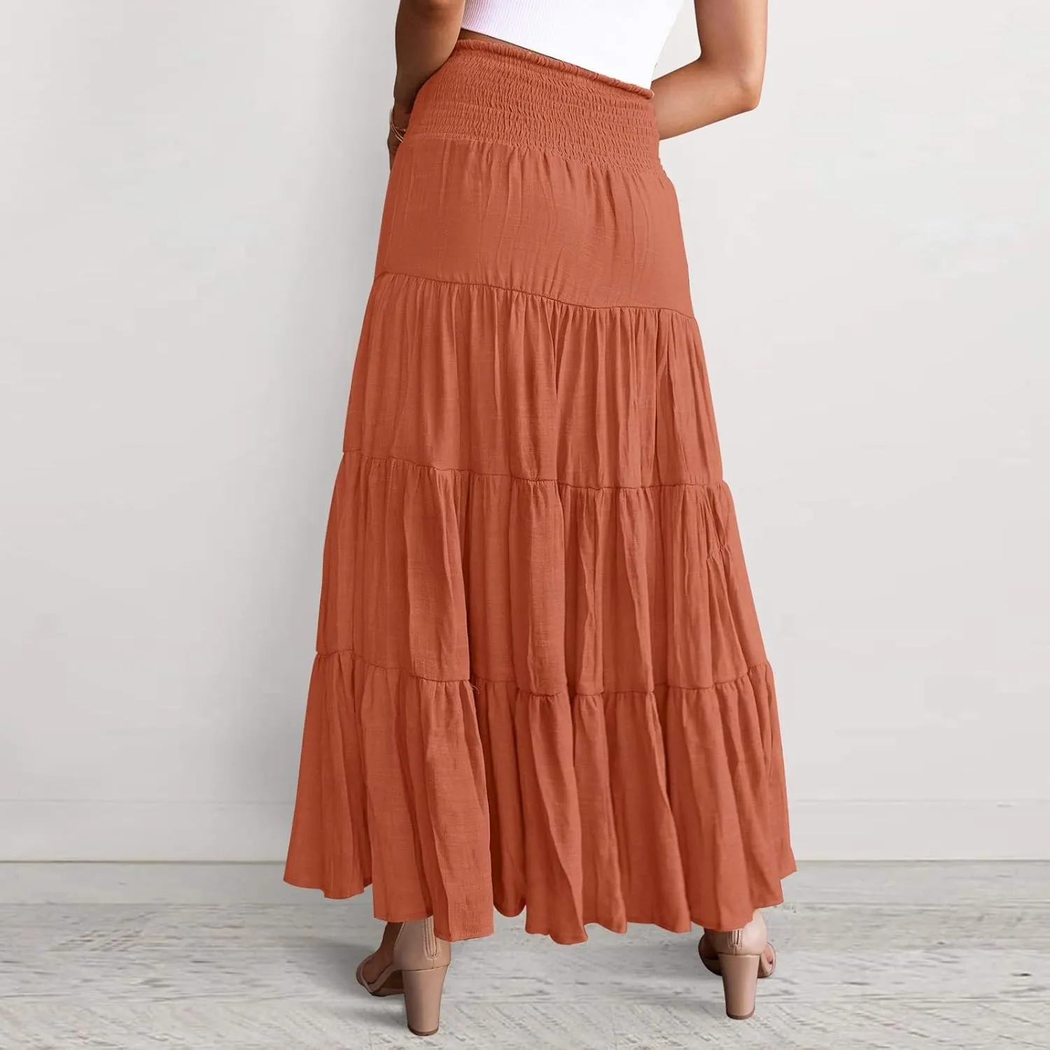 Women's Summer Boho Skirts Elastic High Waisted Pleated A Line Flowy Maxi Skirt Casual Beach Party Long Dress