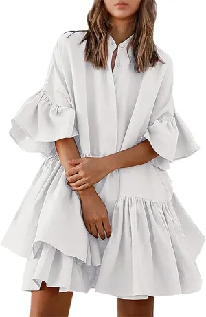 Women's Summer Button Down Shirt Dress Casual Ruffle Sleeve Shift Mini Dresses with Pockets