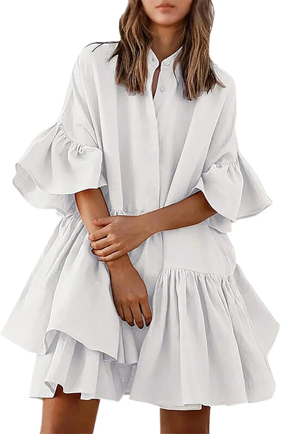 Women's Summer Button Down Shirt Dress Casual Ruffle Sleeve Shift Mini Dresses with Pockets