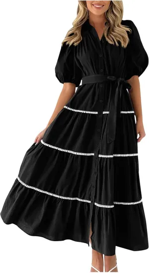 Women's Summer Button Down Shirt Dress Short Puffy Sleeve Tiered Ruffle Flowy Long Maxi Dresses Vocation Party Dress