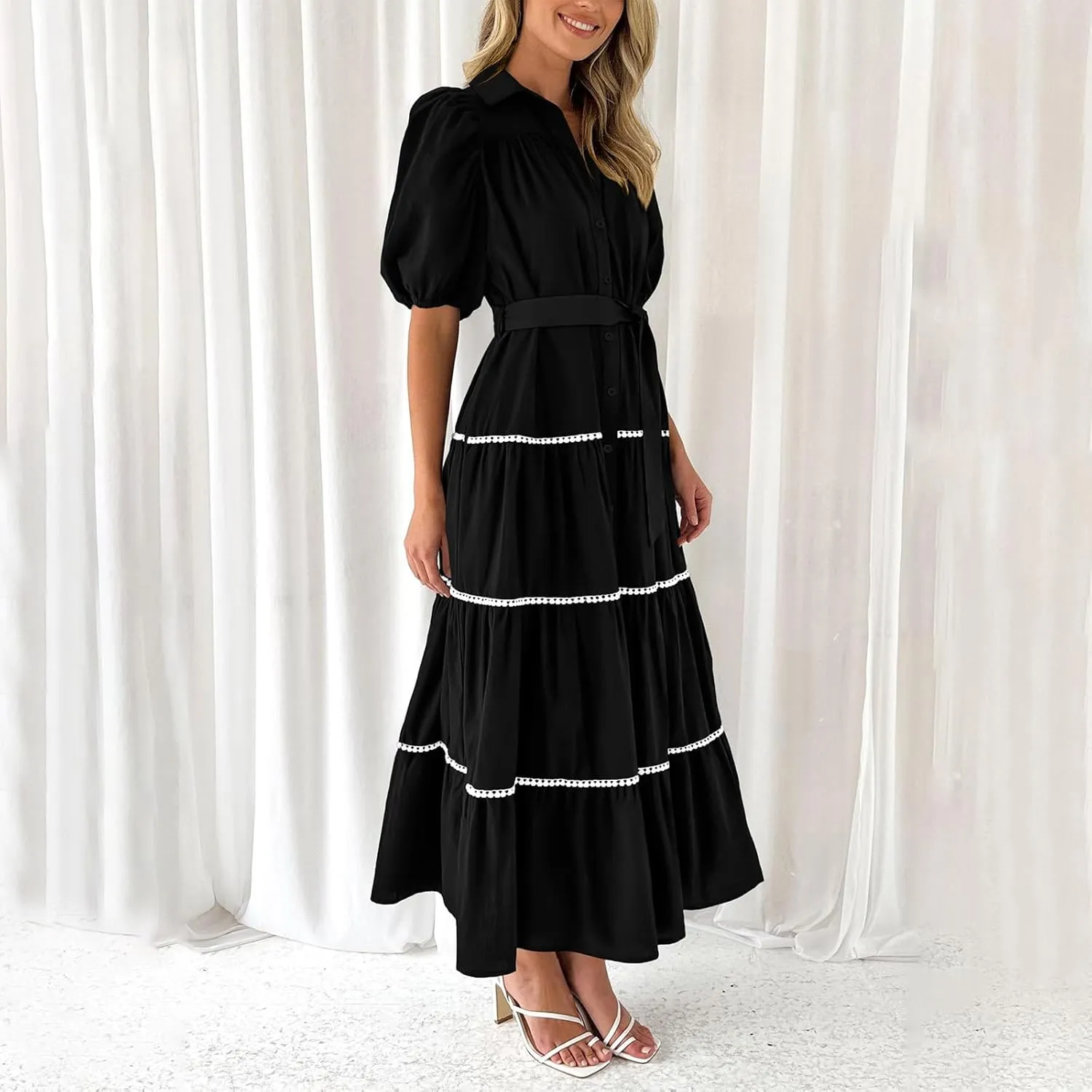 Women's Summer Button Down Shirt Dress Short Puffy Sleeve Tiered Ruffle Flowy Long Maxi Dresses Vocation Party Dress