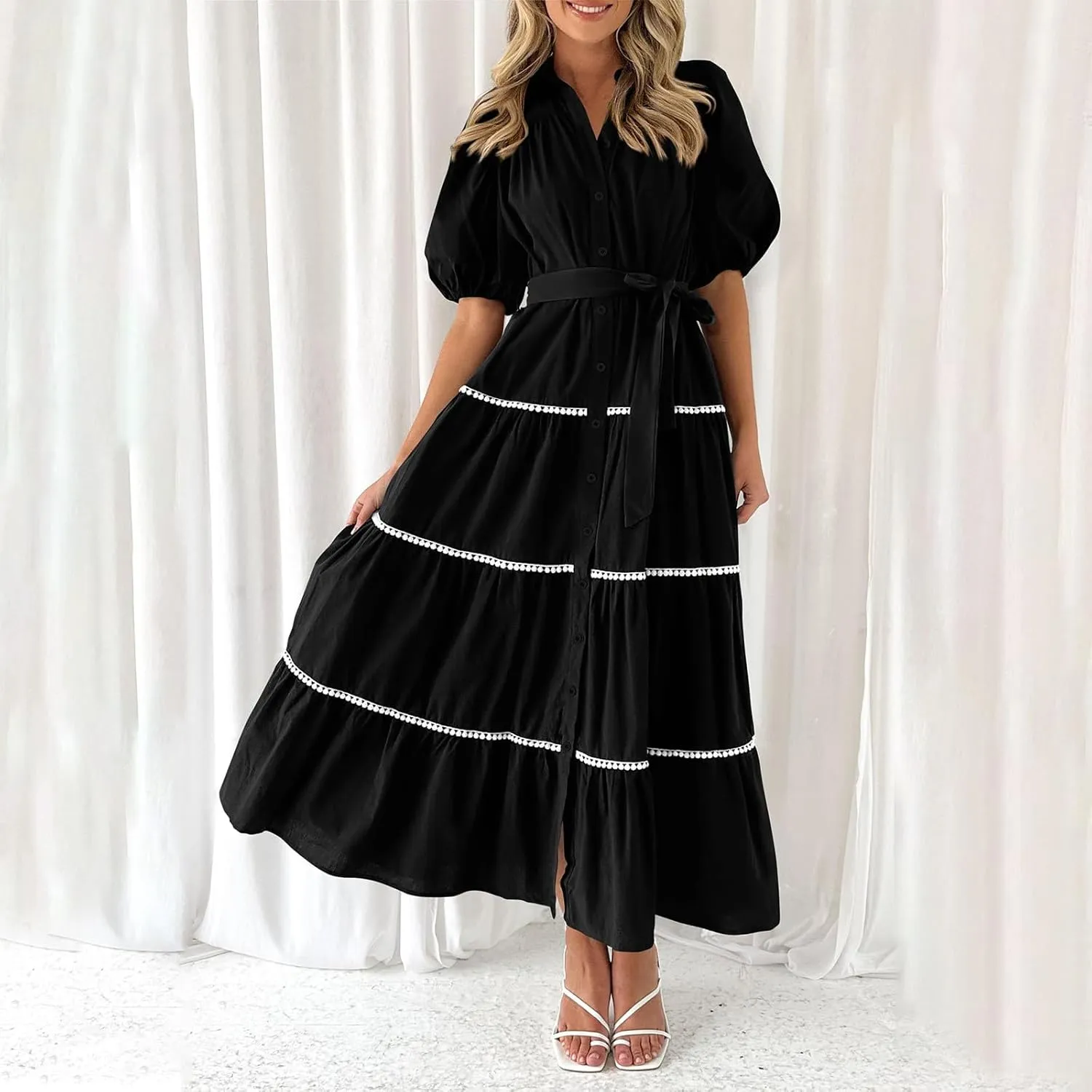 Women's Summer Button Down Shirt Dress Short Puffy Sleeve Tiered Ruffle Flowy Long Maxi Dresses Vocation Party Dress