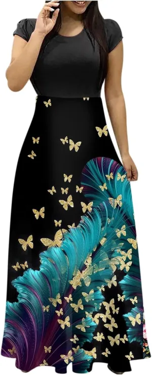 Women's Summer Casual Floral Boho High Waist Maxi Skirt Plus Size,S-5XL
