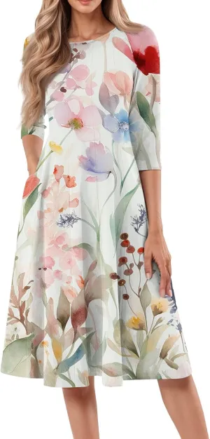 Women's Summer Casual Loose Trendy Crew Neck 3/4 Sleeve Floral Stripe Printed Boho Dress 2025 Plus Size, S-3XL