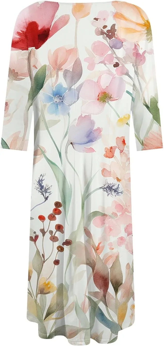 Women's Summer Casual Loose Trendy Crew Neck 3/4 Sleeve Floral Stripe Printed Boho Dress 2025 Plus Size, S-3XL