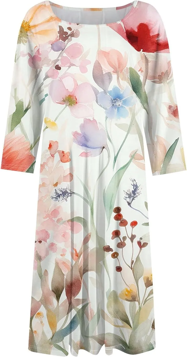 Women's Summer Casual Loose Trendy Crew Neck 3/4 Sleeve Floral Stripe Printed Boho Dress 2025 Plus Size, S-3XL