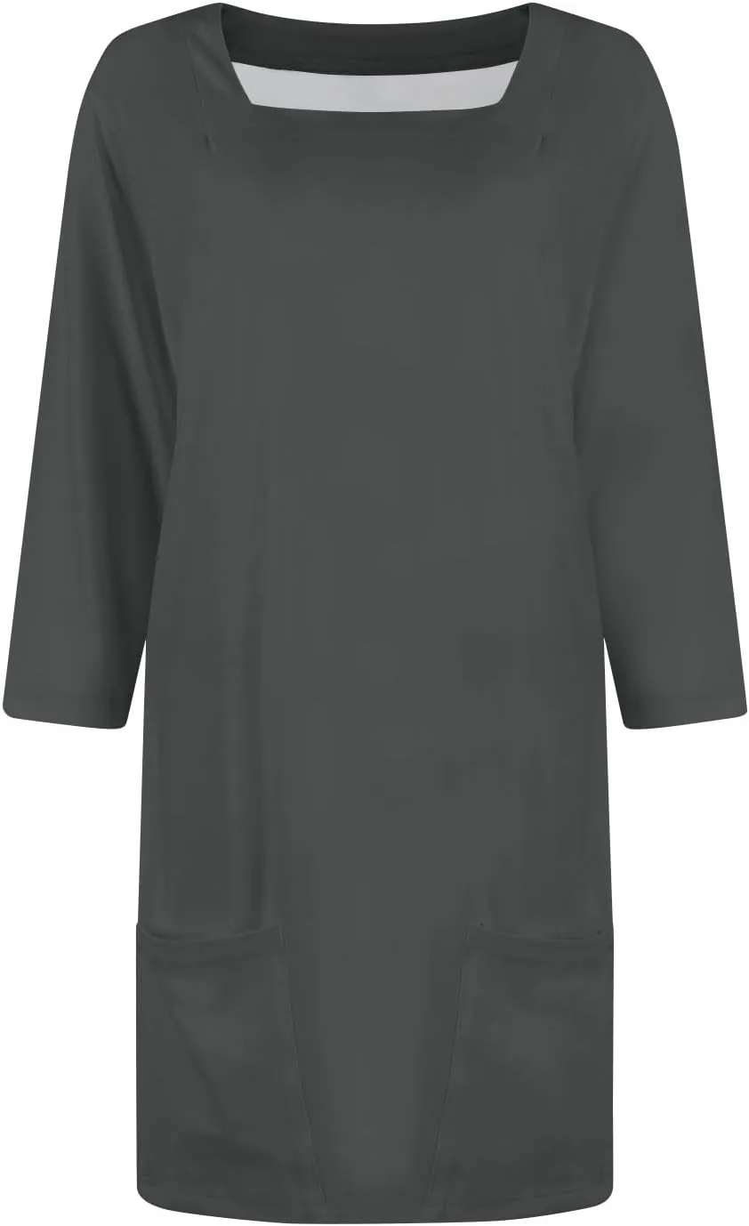Women's Summer Casual Loose Trendy Dress Square Neck 3/4 Sleeve Solid Color Patchwork Midi Dresses, S-3XL