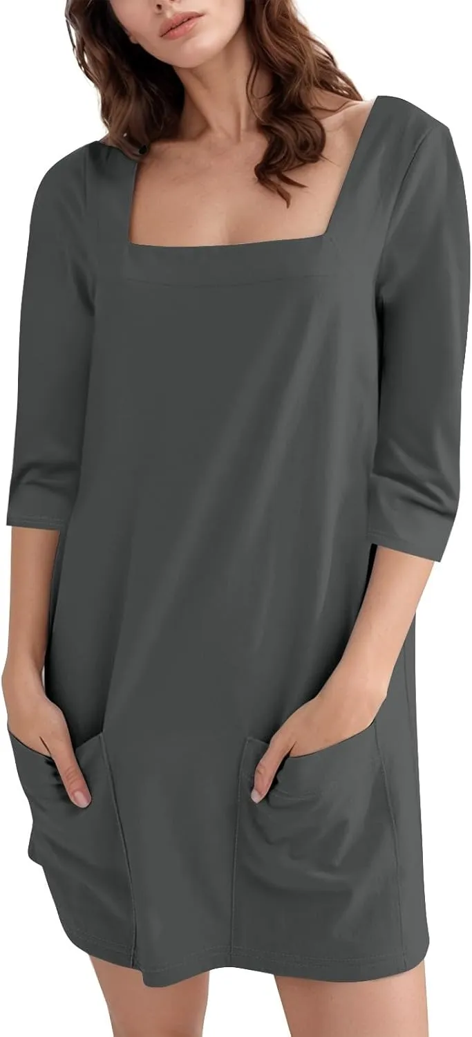 Women's Summer Casual Loose Trendy Dress Square Neck 3/4 Sleeve Solid Color Patchwork Midi Dresses, S-3XL
