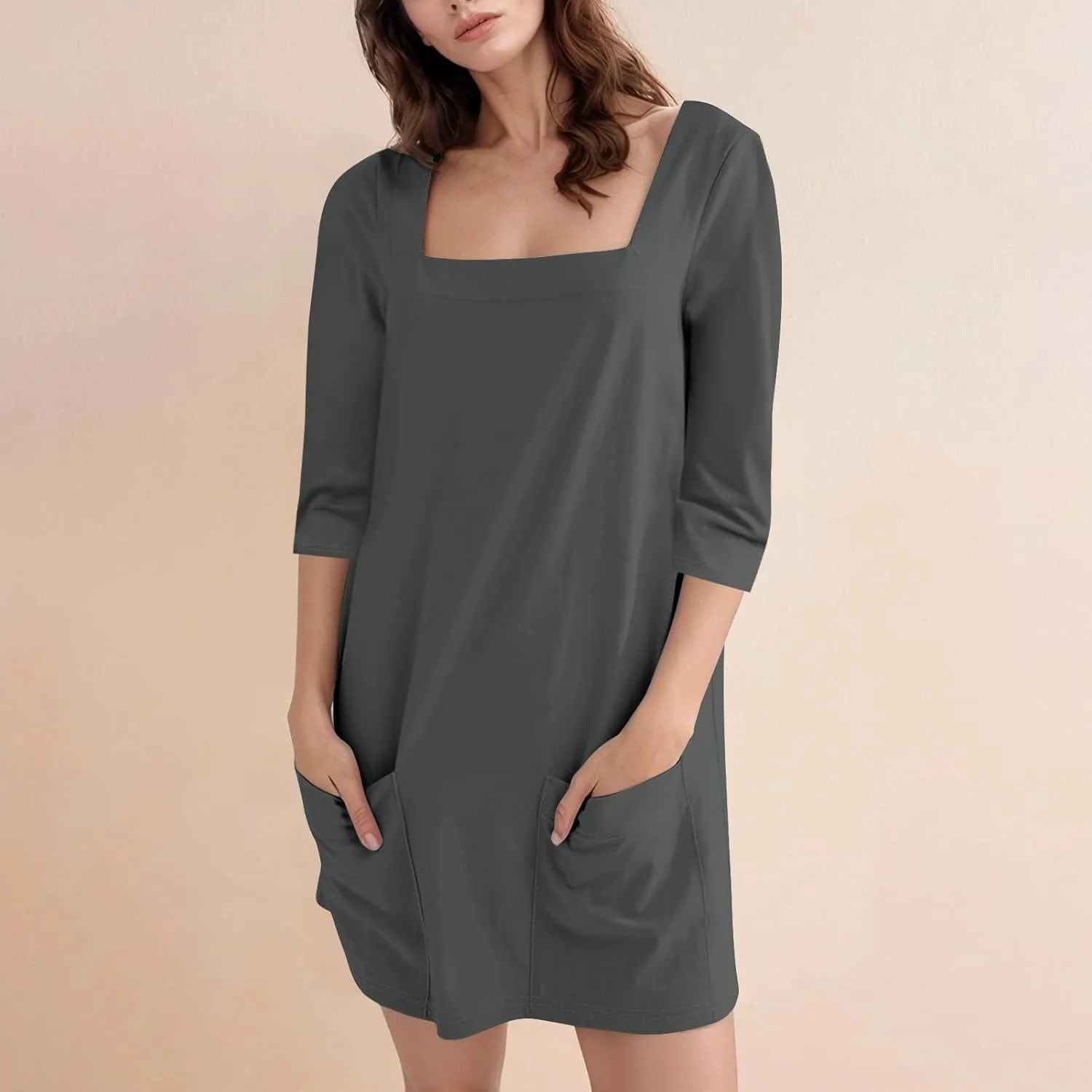 Women's Summer Casual Loose Trendy Dress Square Neck 3/4 Sleeve Solid Color Patchwork Midi Dresses, S-3XL