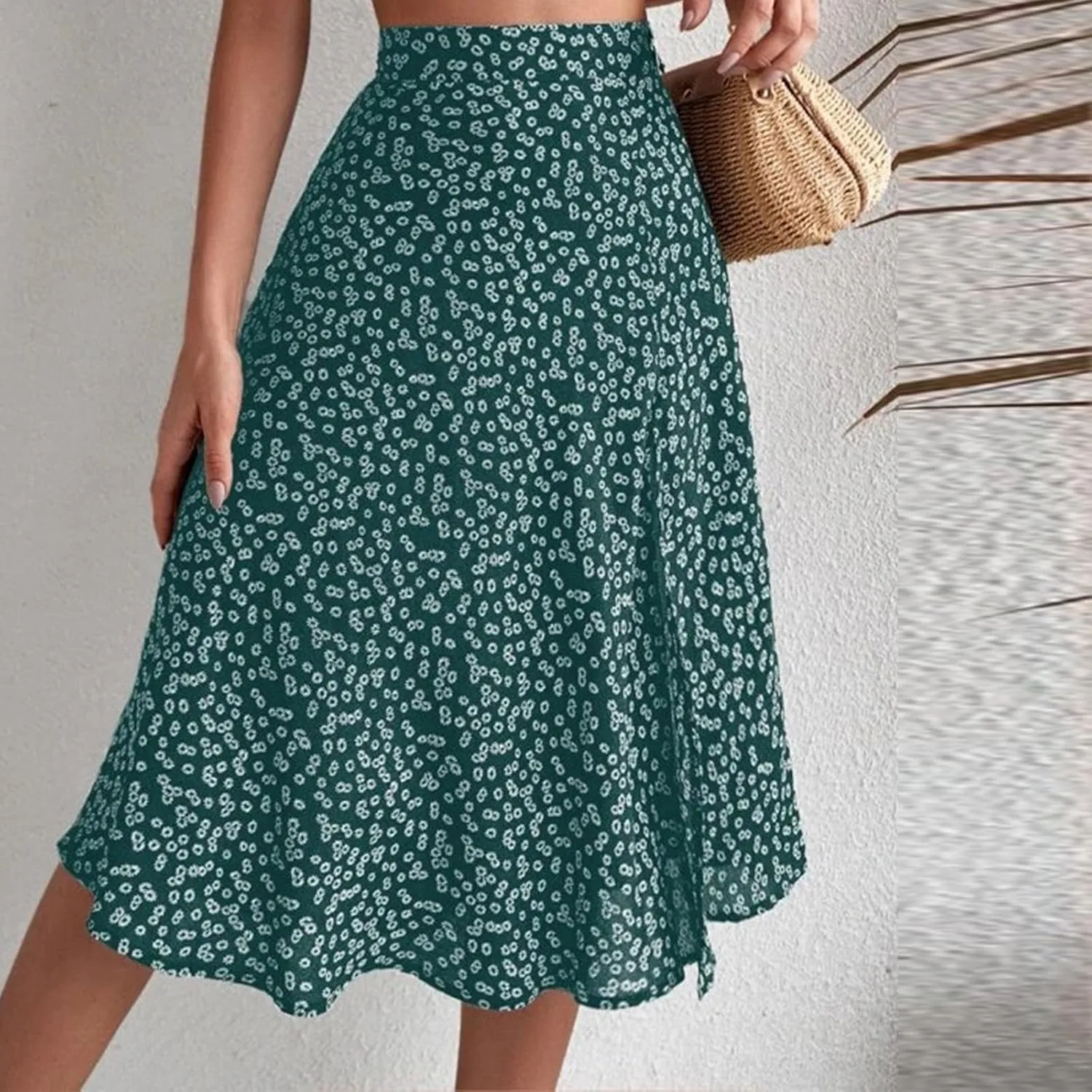 Women's Summer Casual Loose Trendy Elastic High Waist Floral Print Bohemian Split Sun Beach Midi Skirts, S-3XL