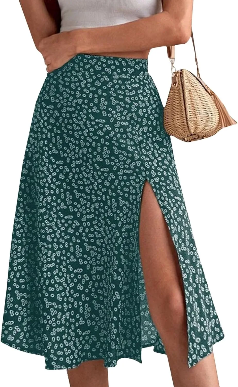 Women's Summer Casual Loose Trendy Elastic High Waist Floral Print Bohemian Split Sun Beach Midi Skirts, S-3XL