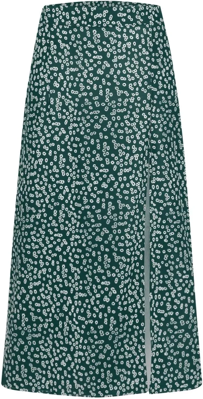 Women's Summer Casual Loose Trendy Elastic High Waist Floral Print Bohemian Split Sun Beach Midi Skirts, S-3XL