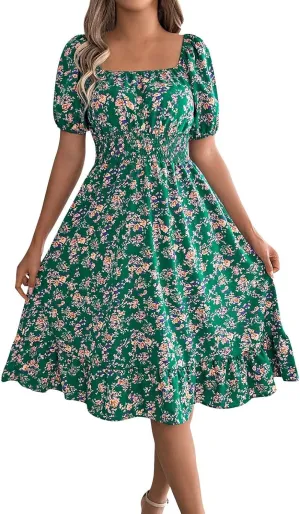 Women's Summer Casual Loose Trendy Sun Dress Square Neck Short Sleeve Floral Print Boho Dresses, S-XL