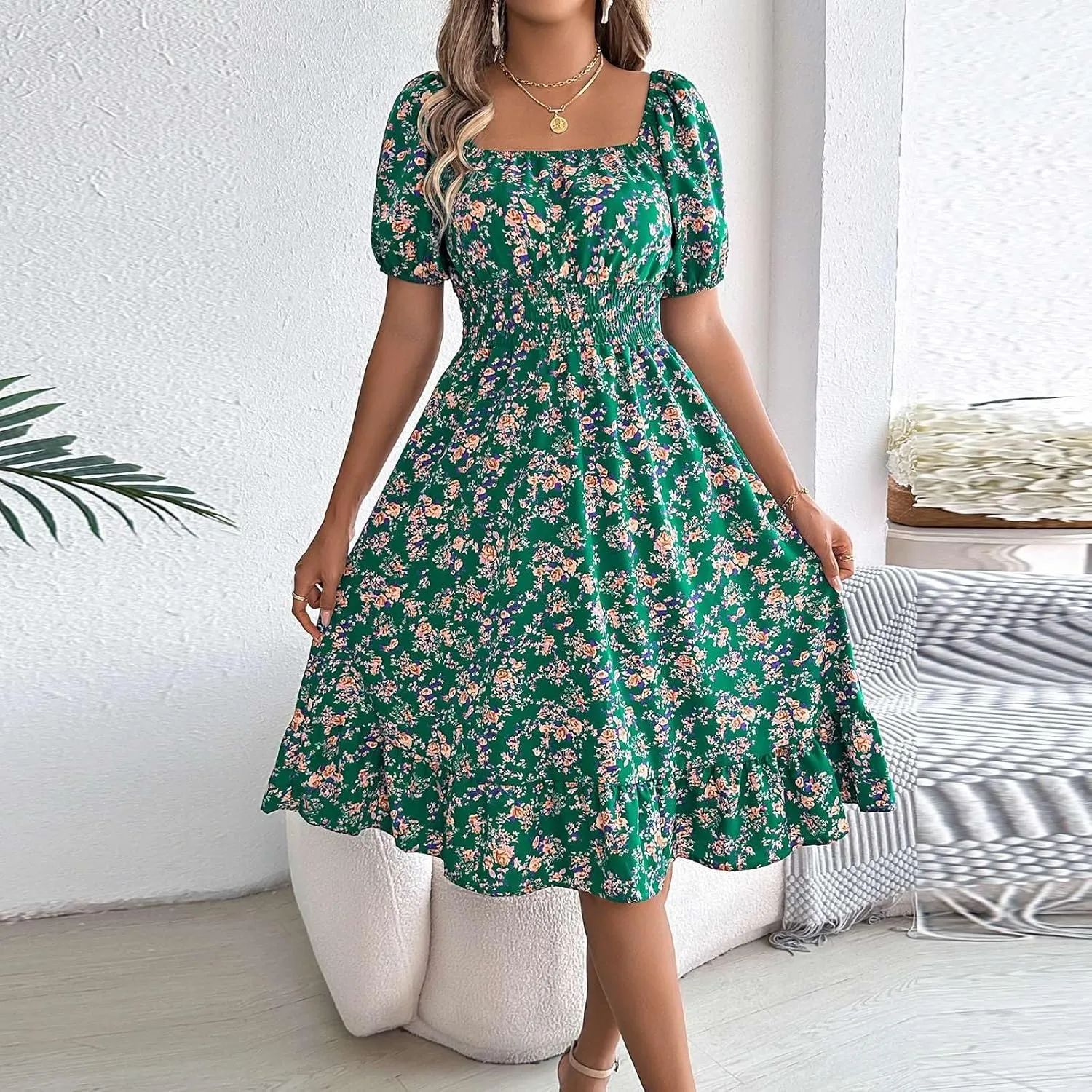 Women's Summer Casual Loose Trendy Sun Dress Square Neck Short Sleeve Floral Print Boho Dresses, S-XL