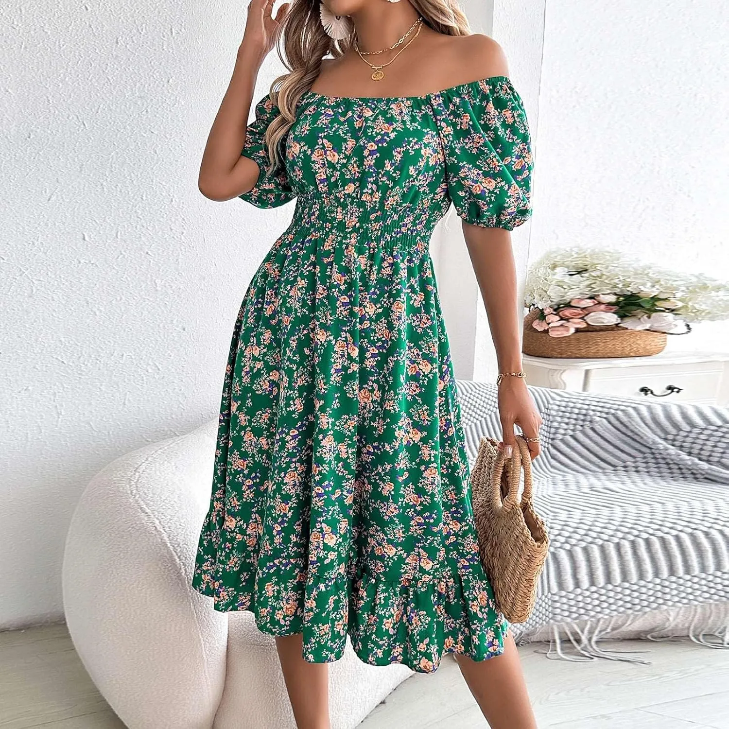 Women's Summer Casual Loose Trendy Sun Dress Square Neck Short Sleeve Floral Print Boho Dresses, S-XL