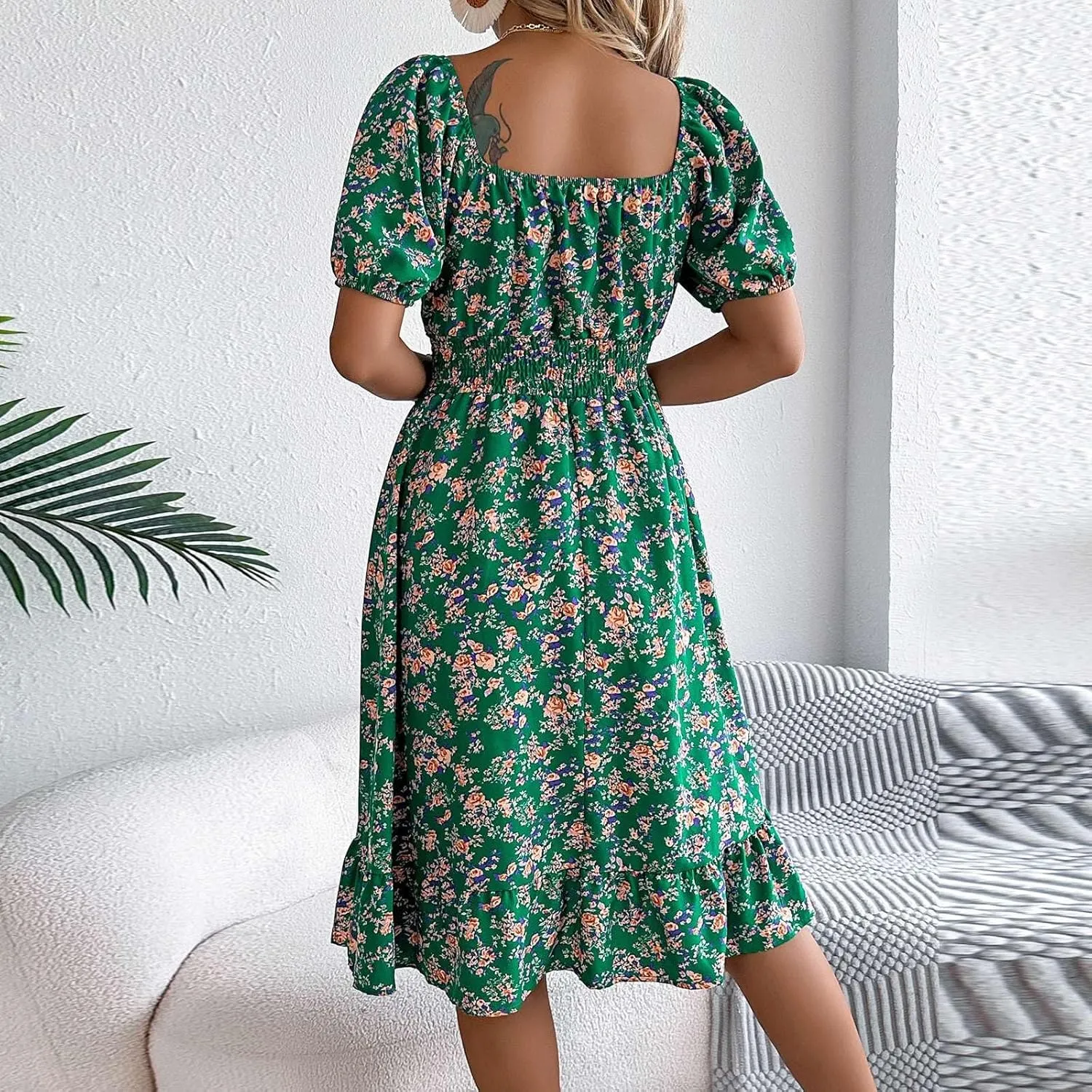 Women's Summer Casual Loose Trendy Sun Dress Square Neck Short Sleeve Floral Print Boho Dresses, S-XL