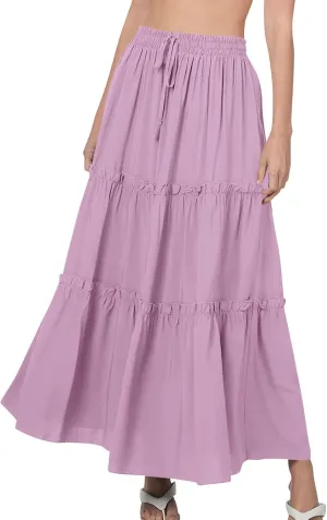 Women's Summer Casual Maxi Skirts Ruffle High Waist Solid Pleated Tiered Skirt