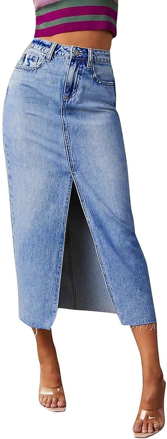 Women's Summer Casual Midi Denim High Waist Split A Line Elastic Skorts
