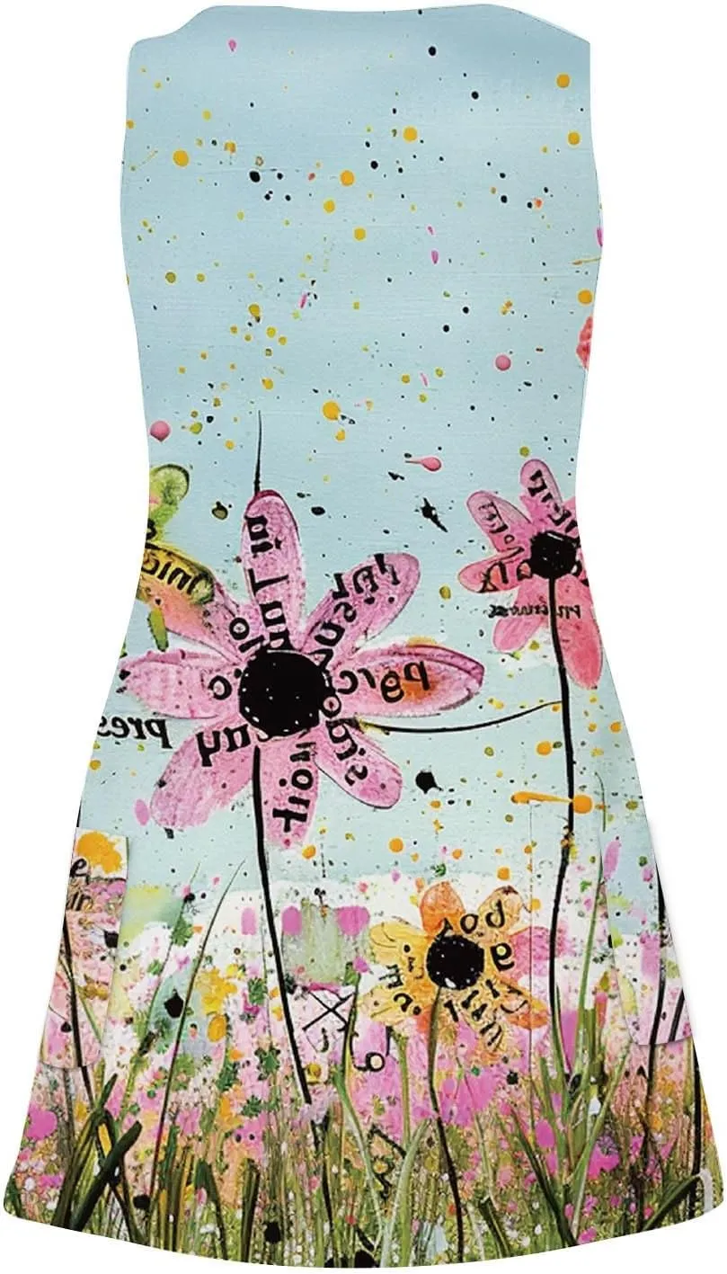 Women's Summer Casual Mini Dresses V-Neck Floral Print Beach Dress Beachwear Sleeveless Sundresses Boho Maxi Dress
