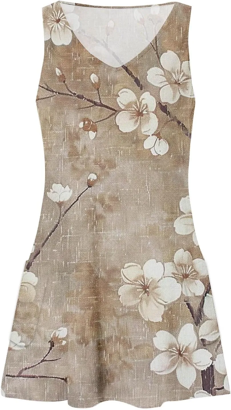 Women's Summer Casual Mini Dresses V-Neck Floral Print Beach Dress Beachwear Sleeveless Sundresses Boho Maxi Dress