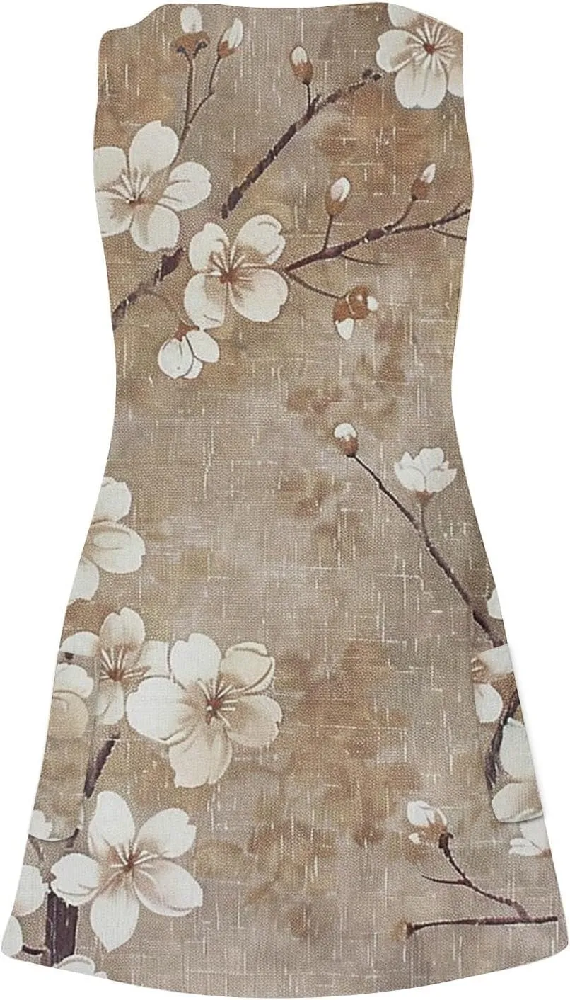 Women's Summer Casual Mini Dresses V-Neck Floral Print Beach Dress Beachwear Sleeveless Sundresses Boho Maxi Dress