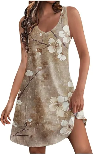 Women's Summer Casual Mini Dresses V-Neck Floral Print Beach Dress Beachwear Sleeveless Sundresses Boho Maxi Dress