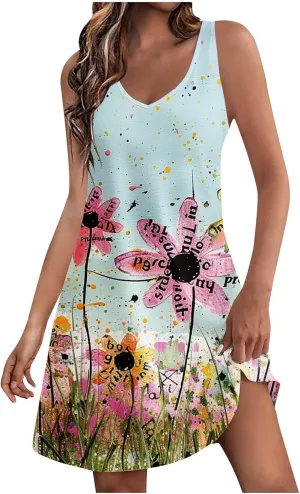 Women's Summer Casual Mini Dresses V-Neck Floral Print Beach Dress Beachwear Sleeveless Sundresses Boho Maxi Dress