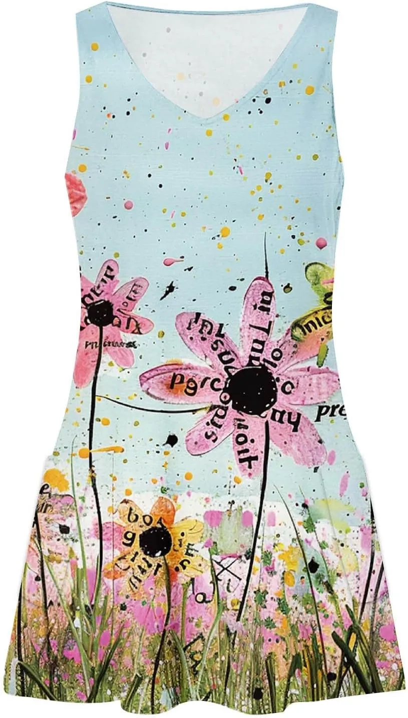 Women's Summer Casual Mini Dresses V-Neck Floral Print Beach Dress Beachwear Sleeveless Sundresses Boho Maxi Dress