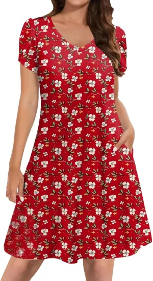 Women's Summer Casual Short Sleeve V Neck Dress 2025 Floral Graphic Dresses Boho Beach Cute Sundress with Pockets