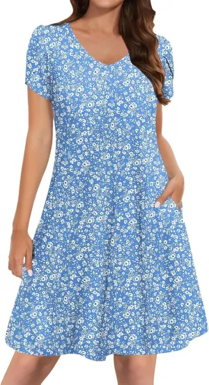 Women's Summer Casual Short Sleeve V Neck Dress 2025 Floral Graphic Dresses Boho Beach Cute Sundress with Pockets