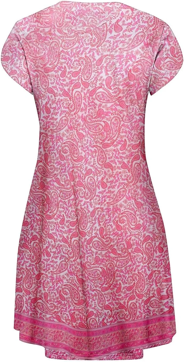 Women's Summer Casual Short Sleeve V Neck Dress 2025 Floral Graphic Dresses Boho Beach Cute Sundress with Pockets