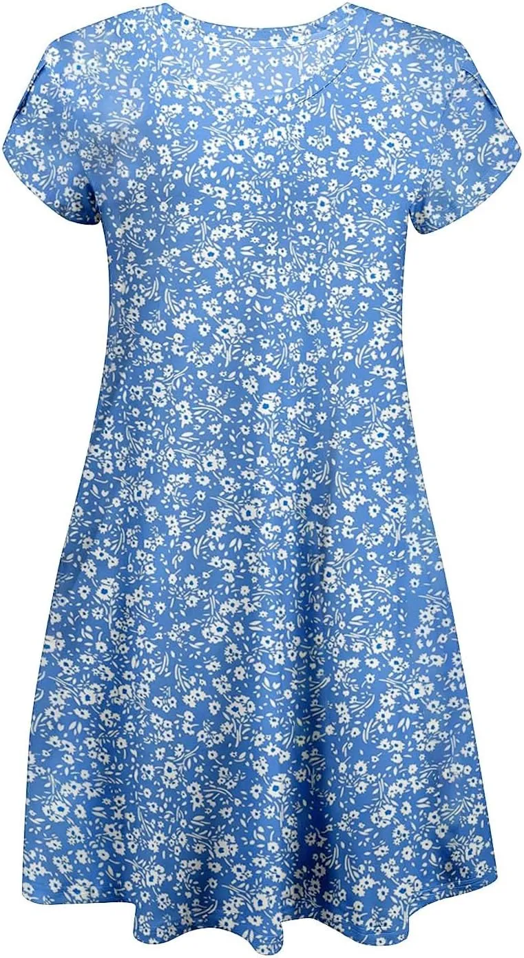 Women's Summer Casual Short Sleeve V Neck Dress 2025 Floral Graphic Dresses Boho Beach Cute Sundress with Pockets