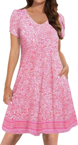 Women's Summer Casual Short Sleeve V Neck Dress 2025 Floral Graphic Dresses Boho Beach Cute Sundress with Pockets