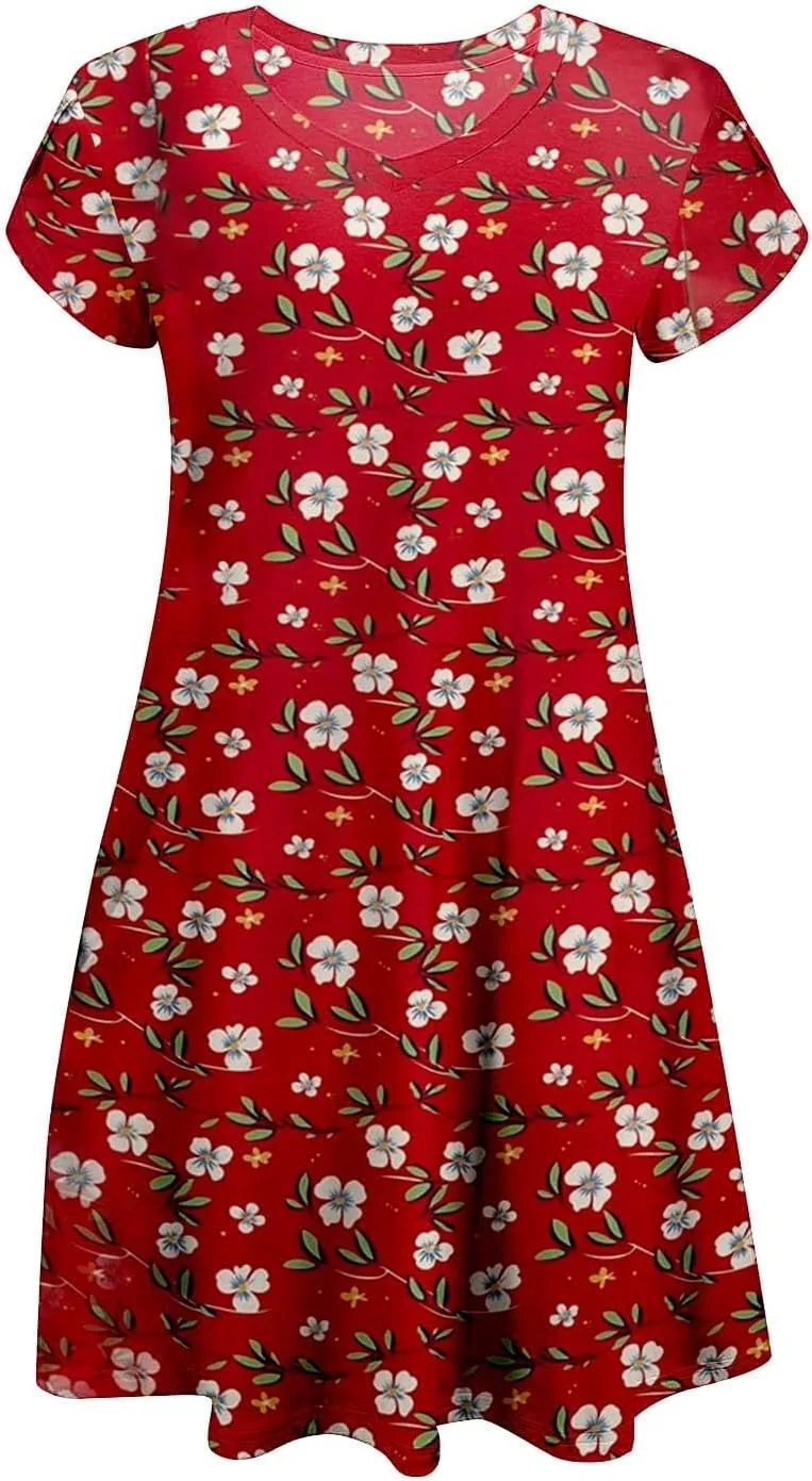Women's Summer Casual Short Sleeve V Neck Dress 2025 Floral Graphic Dresses Boho Beach Cute Sundress with Pockets