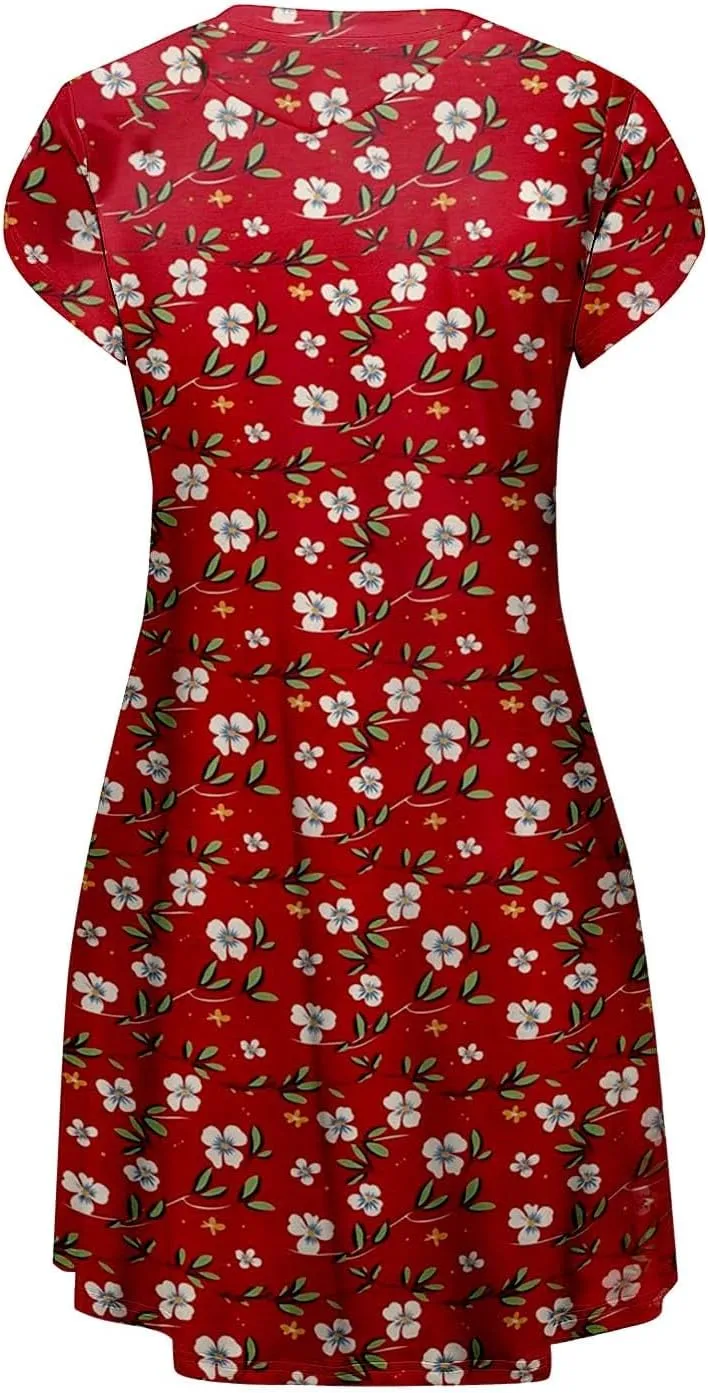 Women's Summer Casual Short Sleeve V Neck Dress 2025 Floral Graphic Dresses Boho Beach Cute Sundress with Pockets